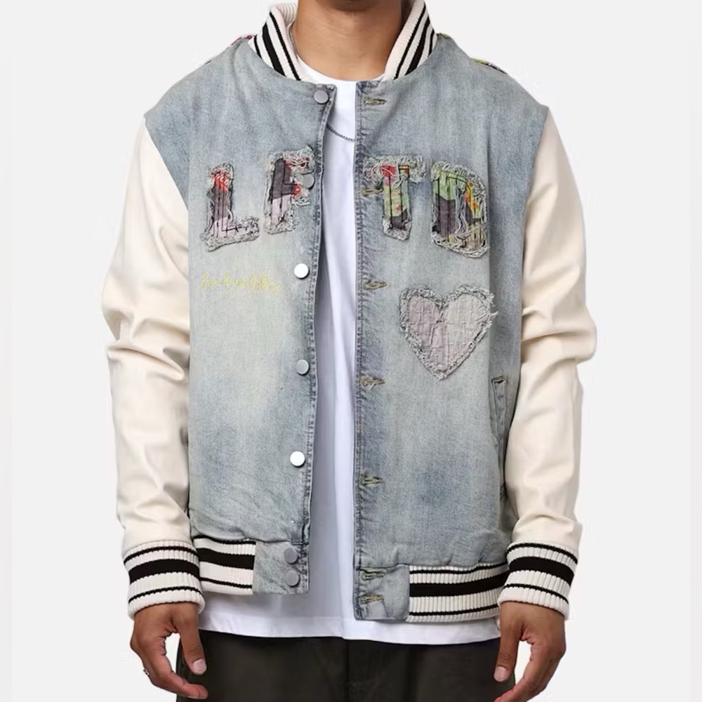 Lifted Anchors Denim bomber patchwork distressed blue cream heart NWOT variety
